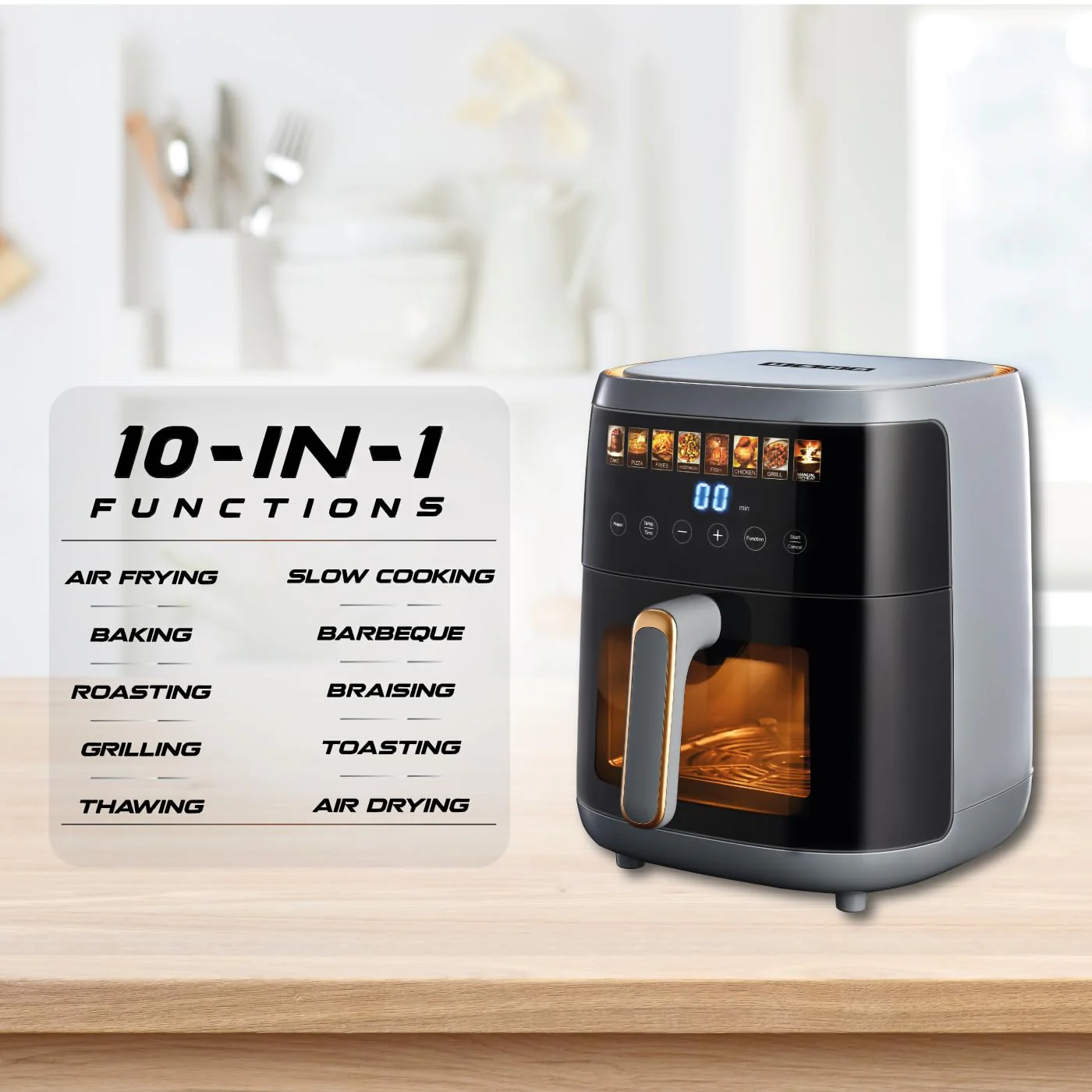 Usha iChef Smart Air Fryer 5L | 1500 Watt | 10 in 1 Functions | 8 Preset Menu | Turbo Air Circulation |360° View | Illuminated chamber | Oil Free Cooking | Digital display With Touch Panel (Blue) - Image 3