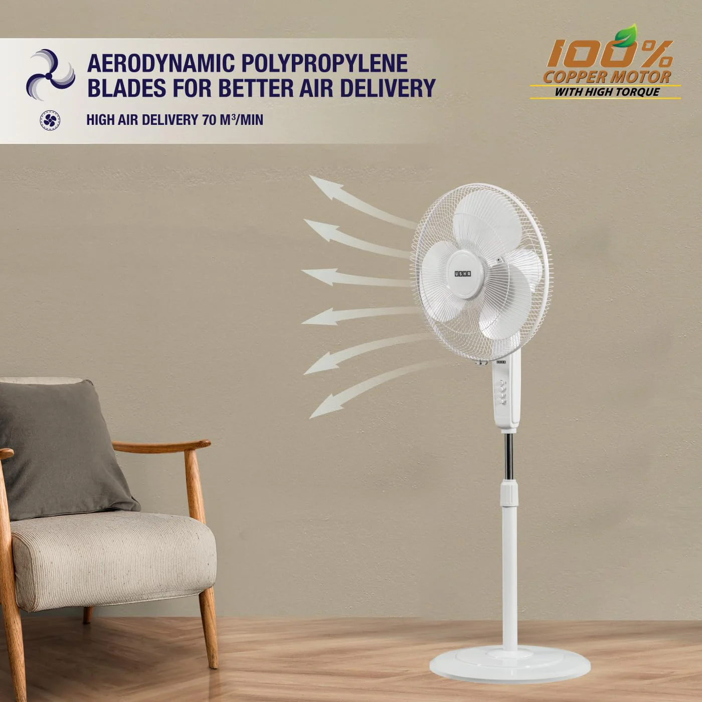 Usha Maxx Air 400mm Stand Fan – White - Image 3