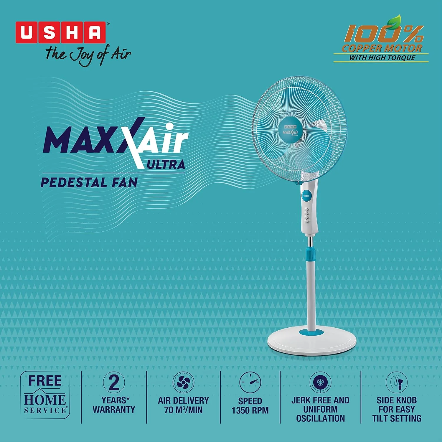 USHA Maxx Air Ultra Pedestal Fan | 400MM Sweep Size | 1350 RPM | Aerodynamic Blade Design for High Air Delivery - Image 3