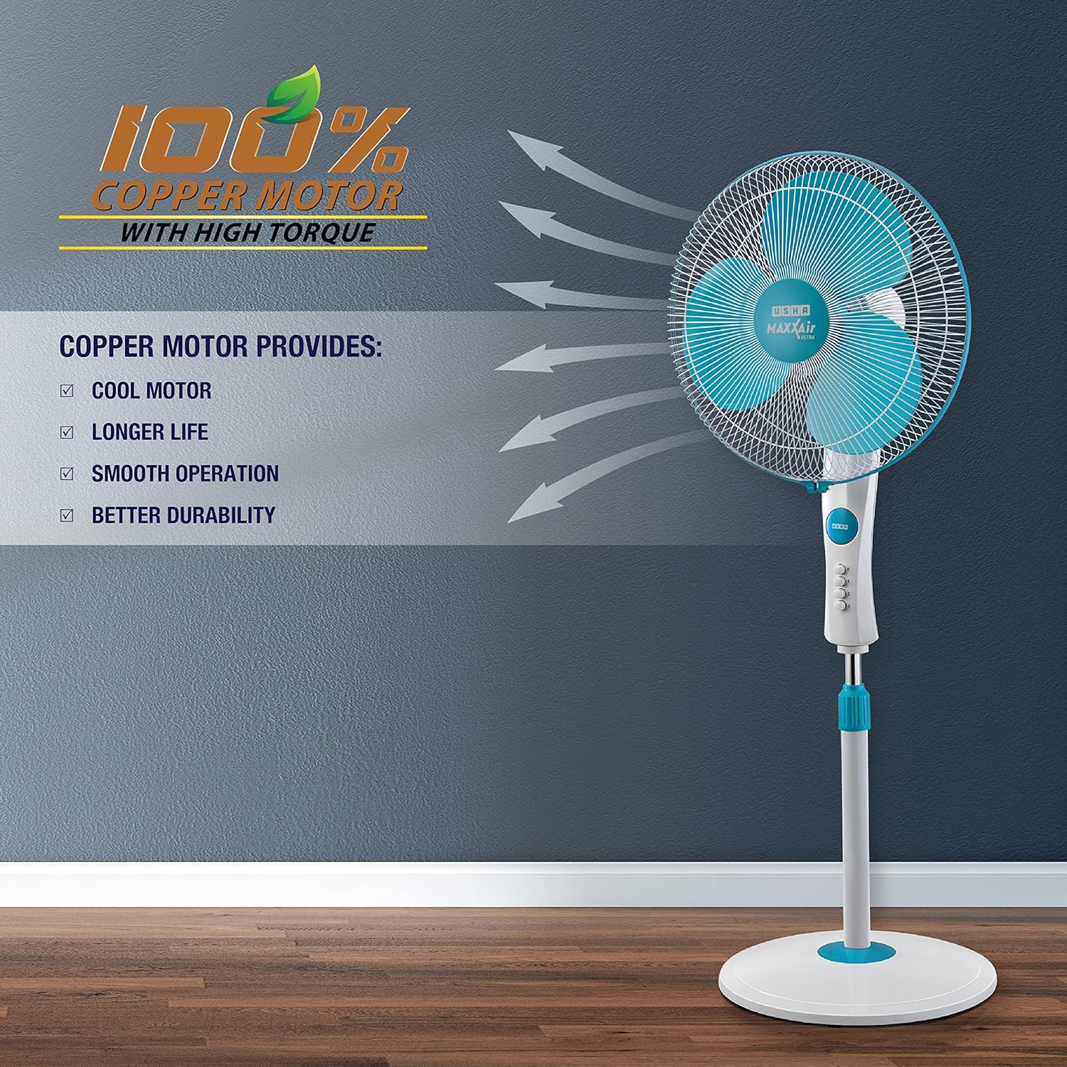 USHA Maxx Air Ultra Pedestal Fan | 400MM Sweep Size | 1350 RPM | Aerodynamic Blade Design for High Air Delivery - Image 4