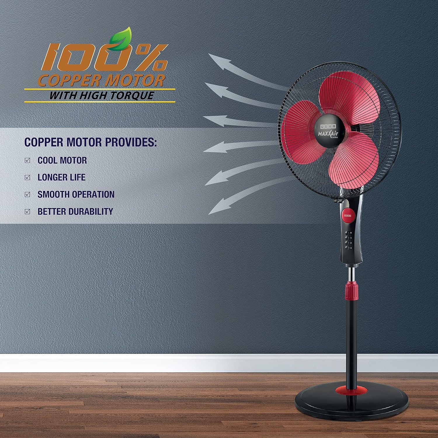 USHA Maxx Air Ultra Pedestal Fan | 400MM Sweep Size | 1350 RPM | Aerodynamic Blade Design for High Air Delivery | Anti - Rust Protection | 100% Copper Motor | Maroon - Image 3