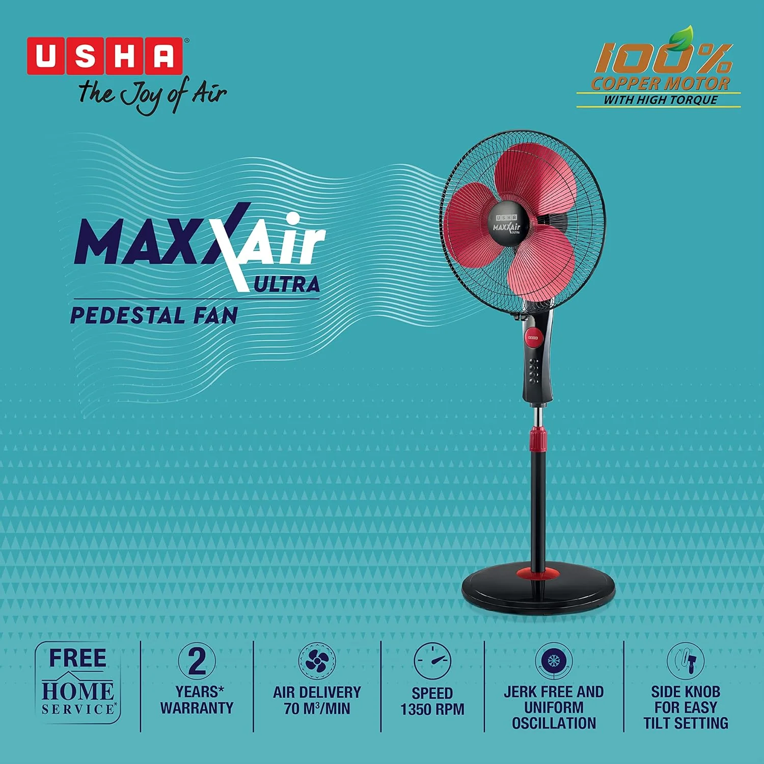 USHA Maxx Air Ultra Pedestal Fan | 400MM Sweep Size | 1350 RPM | Aerodynamic Blade Design for High Air Delivery | Anti - Rust Protection | 100% Copper Motor | Maroon - Image 4