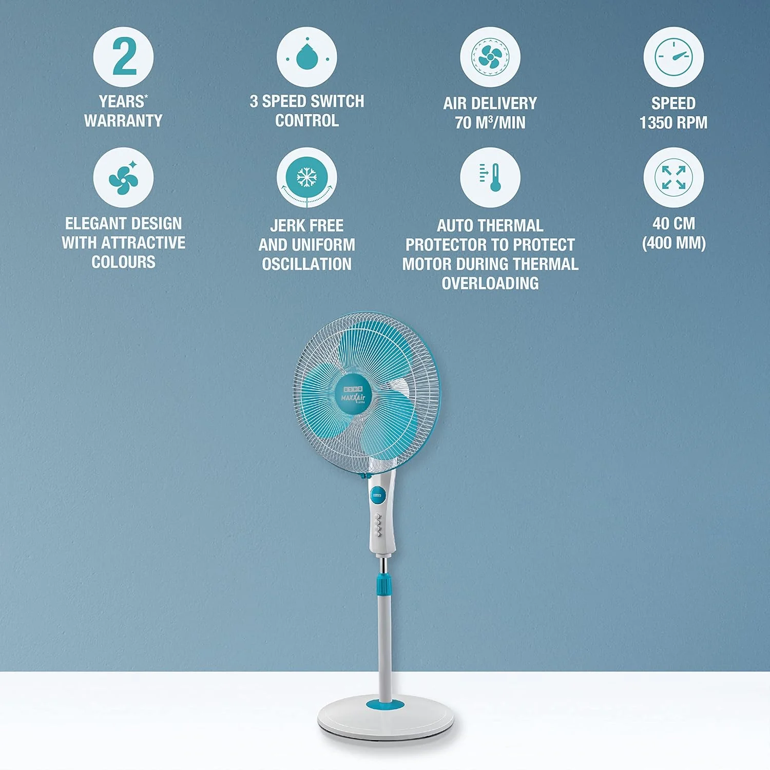 USHA Maxx Air Ultra Pedestal Fan | 400MM Sweep Size | 1350 RPM | Aerodynamic Blade Design for High Air Delivery | Anti - Rust Protection | Copper Motor | Light Blue - Image 3