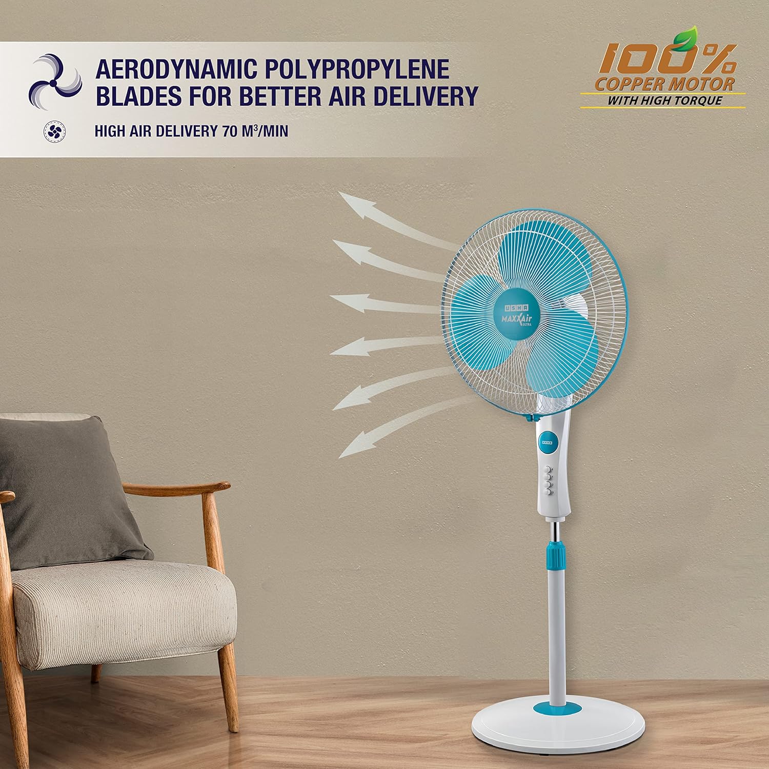 USHA Maxx Air Ultra Pedestal Fan | 400MM Sweep Size | 1350 RPM | Aerodynamic Blade Design for High Air Delivery | Anti - Rust Protection | Copper Motor | Light Blue - Image 5