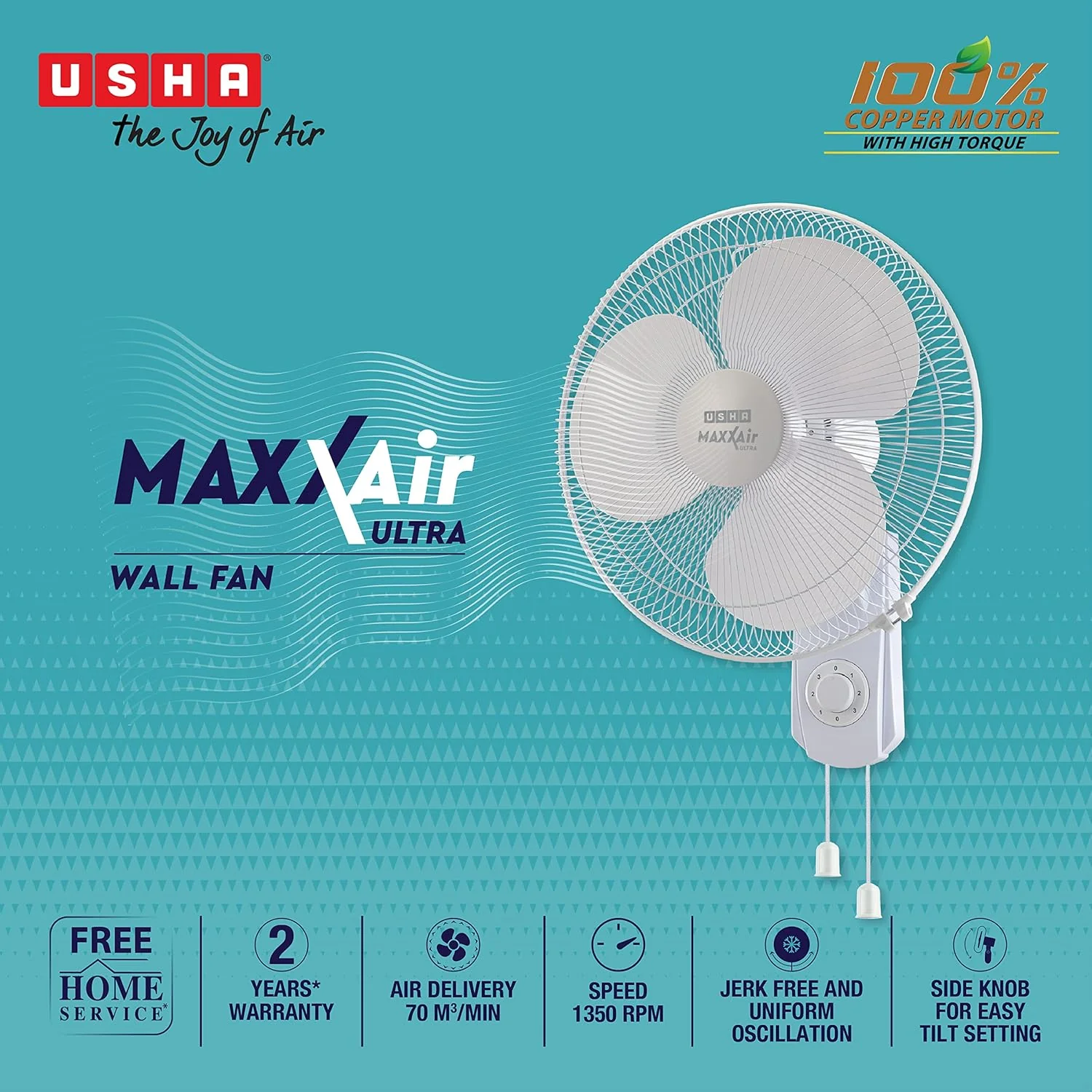 USHA Maxx Air Ultra Wall Fan | 400MM Sweep Size | 1350:RPM | Aerodynamic Blade Design for High Air Delivery | Anti - Rust Protection | 100% Copper Motor | 2 Year Warranty | White - Image 4