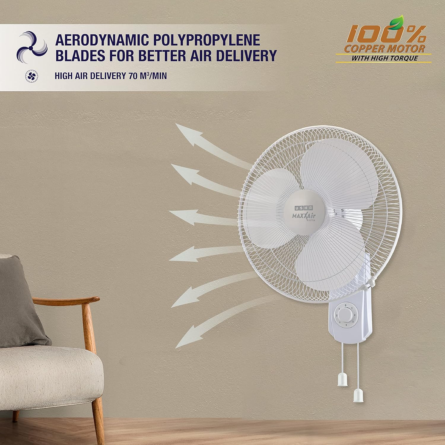 USHA Maxx Air Ultra Wall Fan | 400MM Sweep Size | 1350:RPM | Aerodynamic Blade Design for High Air Delivery | Anti - Rust Protection | 100% Copper Motor | 2 Year Warranty | White - Image 5