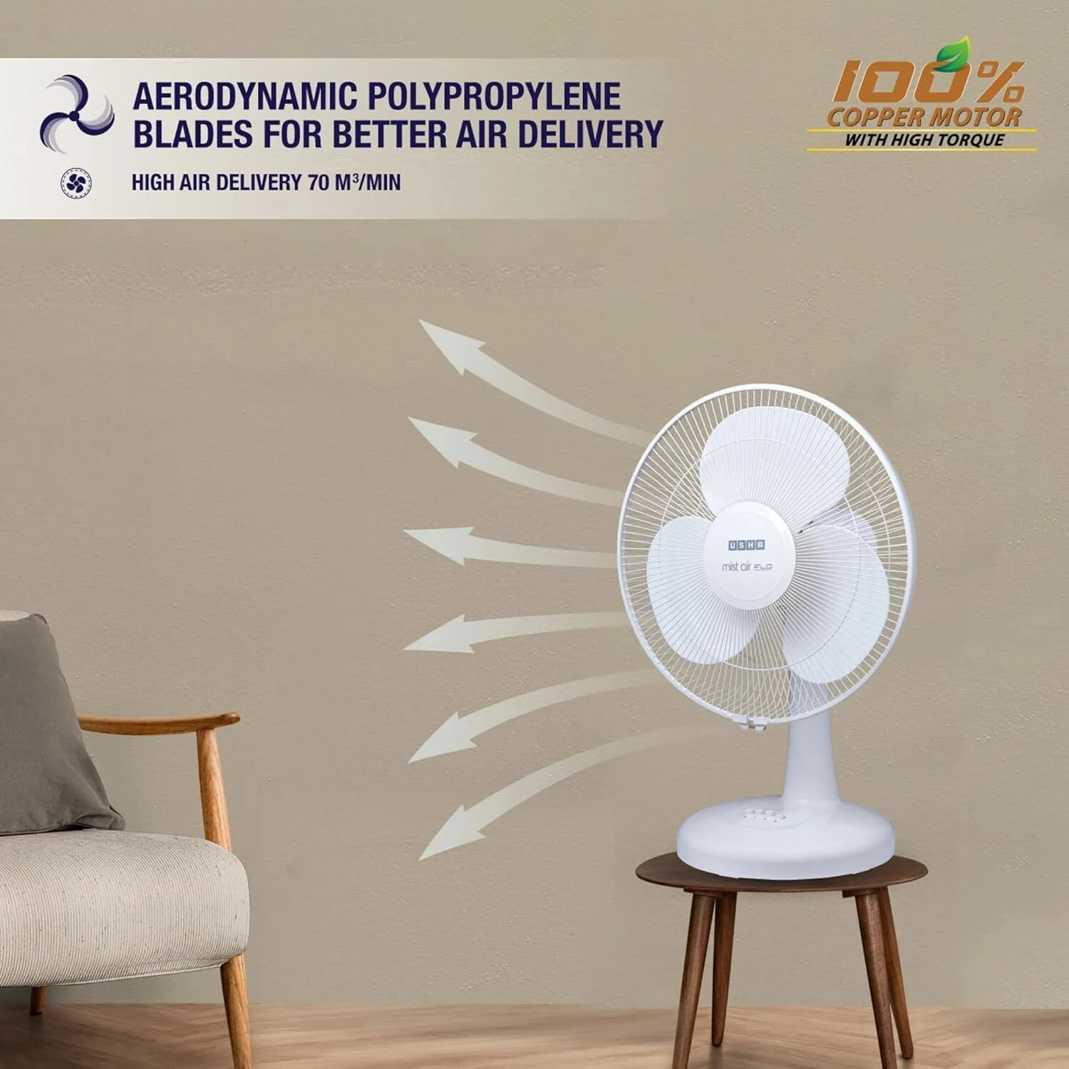 USHA Mist Air Flo 400 mm Table Fan | High Speed Air Delivery | 3 Blade | Powerful Cooling | Low Noise | 2 Year Warranty (White) - Image 3