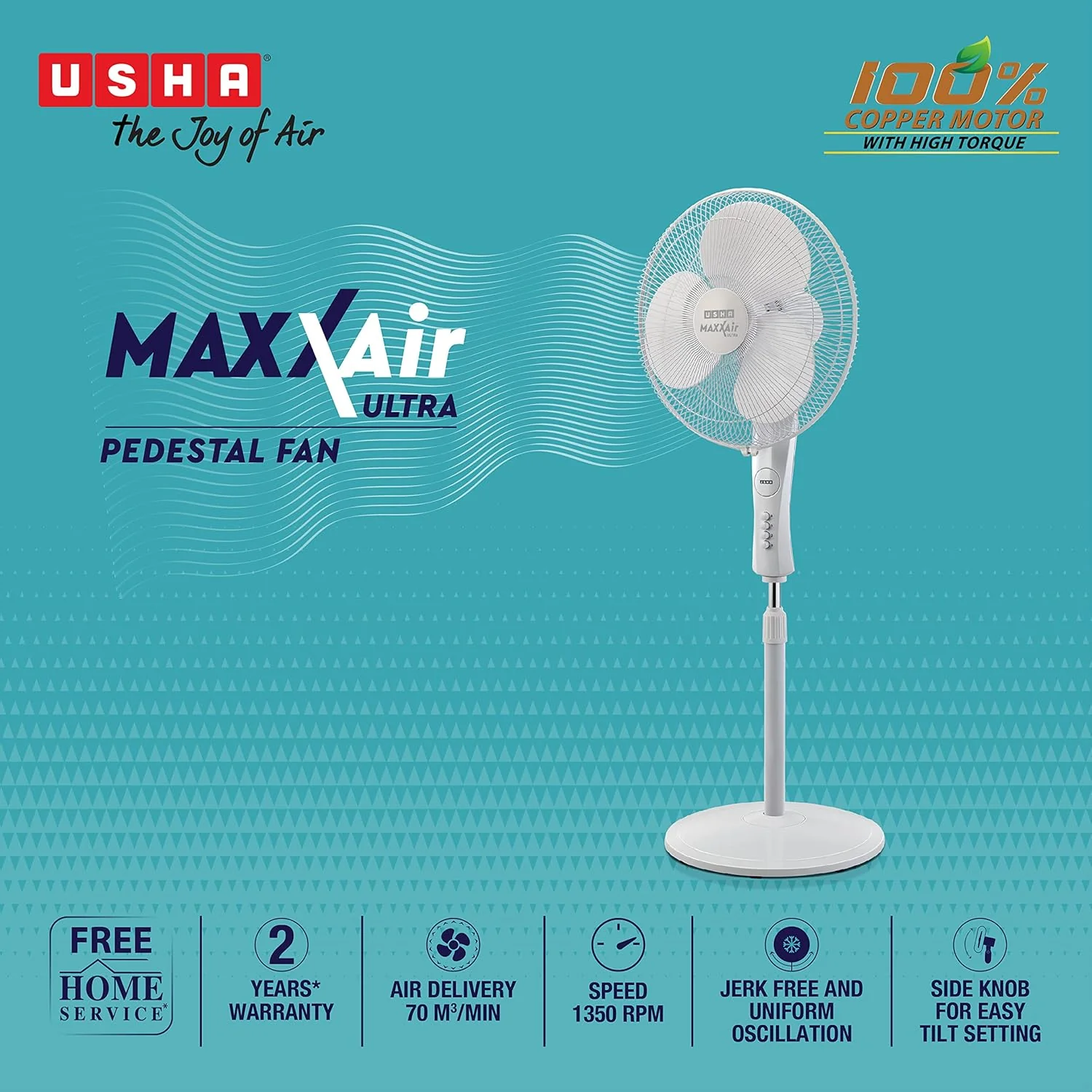 USHA PF MAXX Air Ultra 400mm White ISI Ceiling Fan | High Air Delivery | 1350 RPM | Copper Motor - Image 3