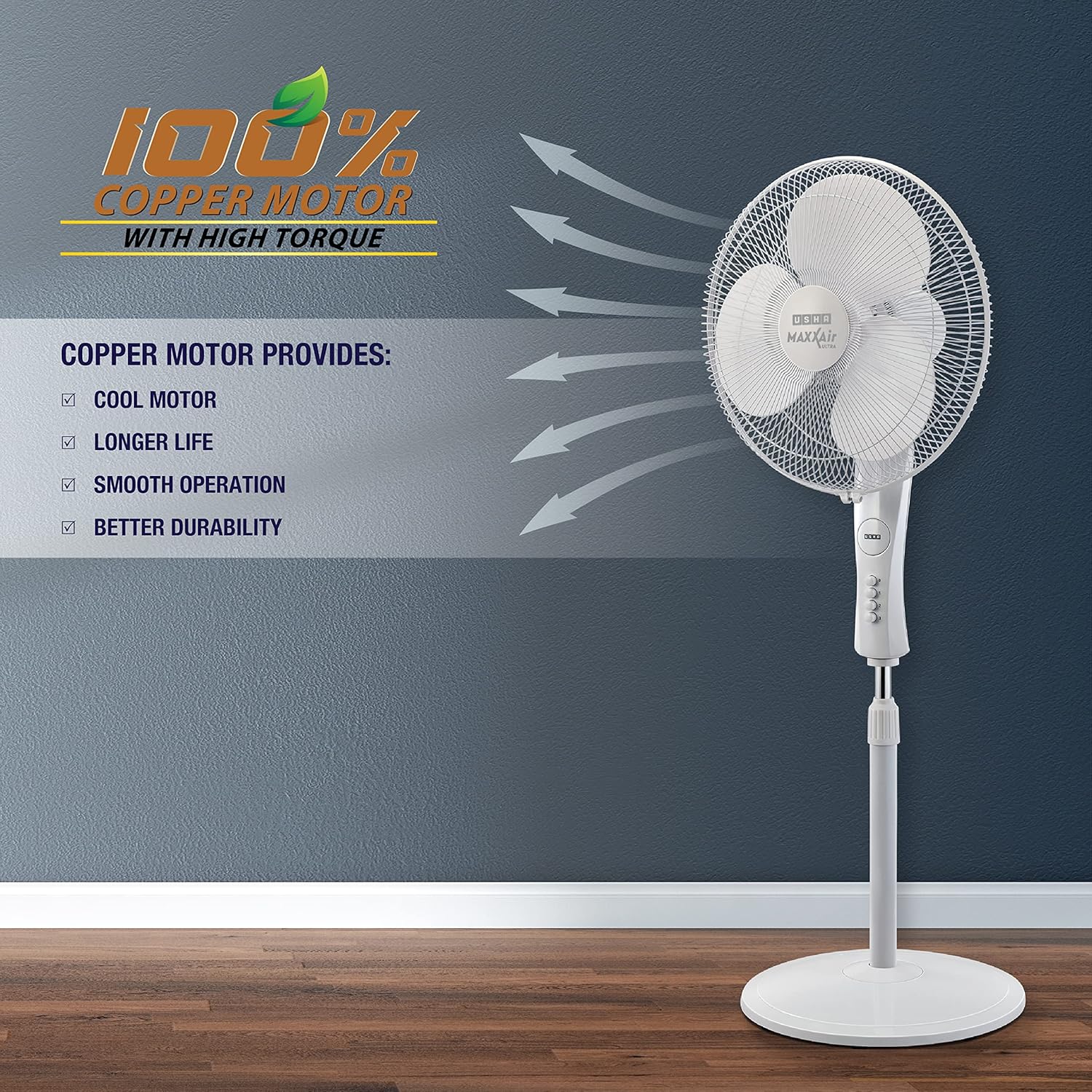 USHA PF MAXX Air Ultra 400mm White ISI Ceiling Fan | High Air Delivery | 1350 RPM | Copper Motor - Image 4