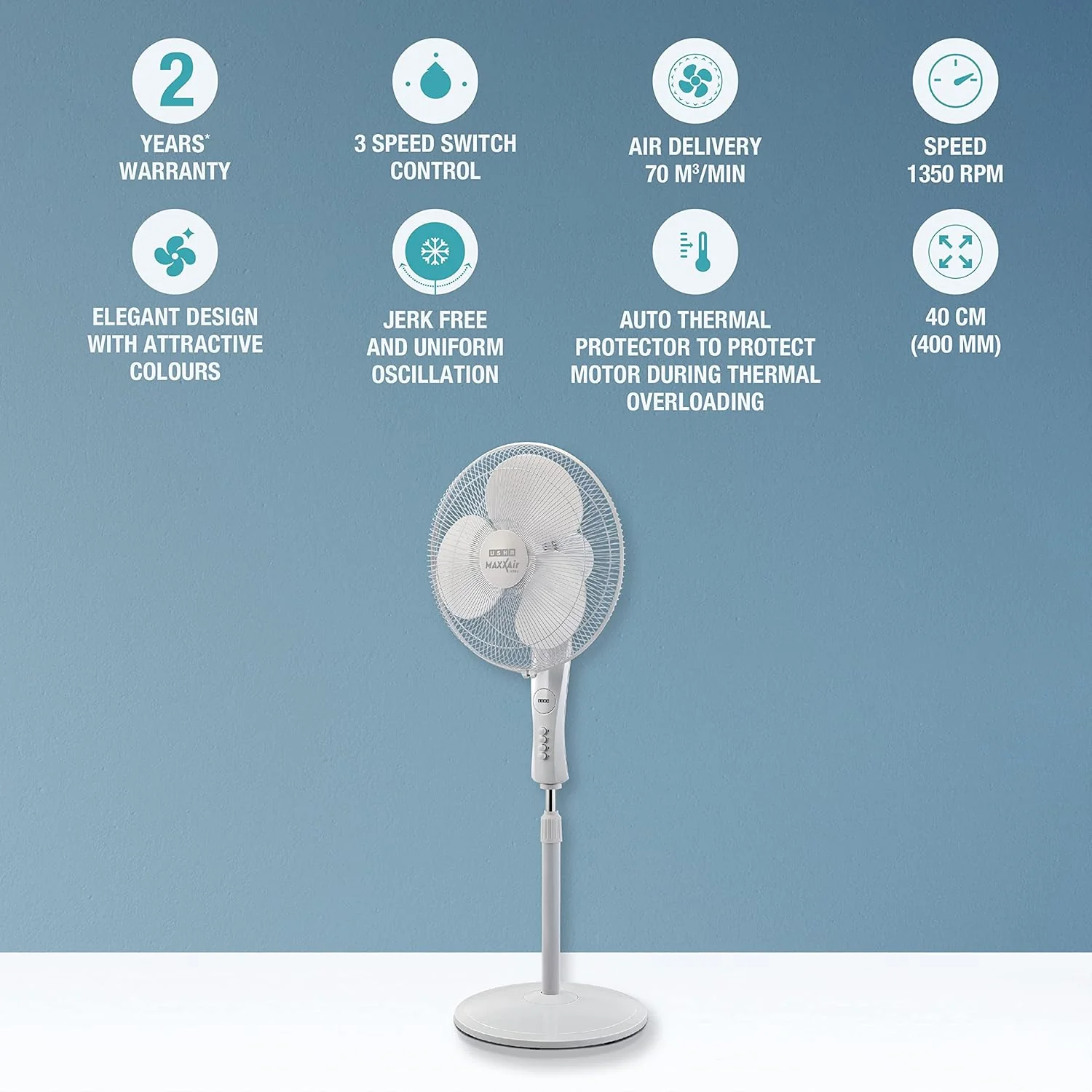USHA PF MAXX Air Ultra 400mm White ISI Ceiling Fan | High Air Delivery | 1350 RPM | Copper Motor - Image 5
