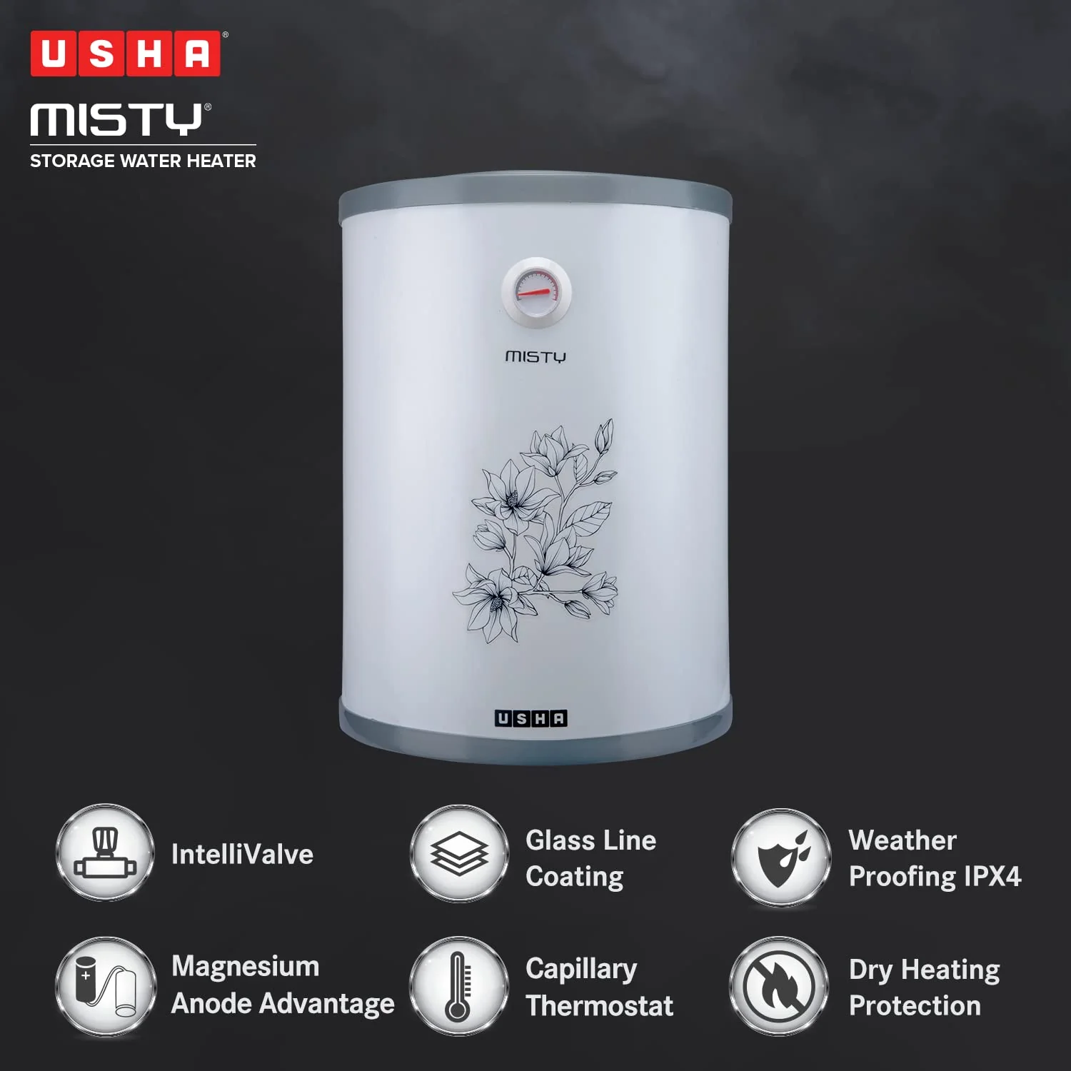 Usha Misty 25 Ltr 2000-Watt 5 Star Storage Water Heater (Grey Magnolia),With Free Installation And Connection Pipes - Image 4