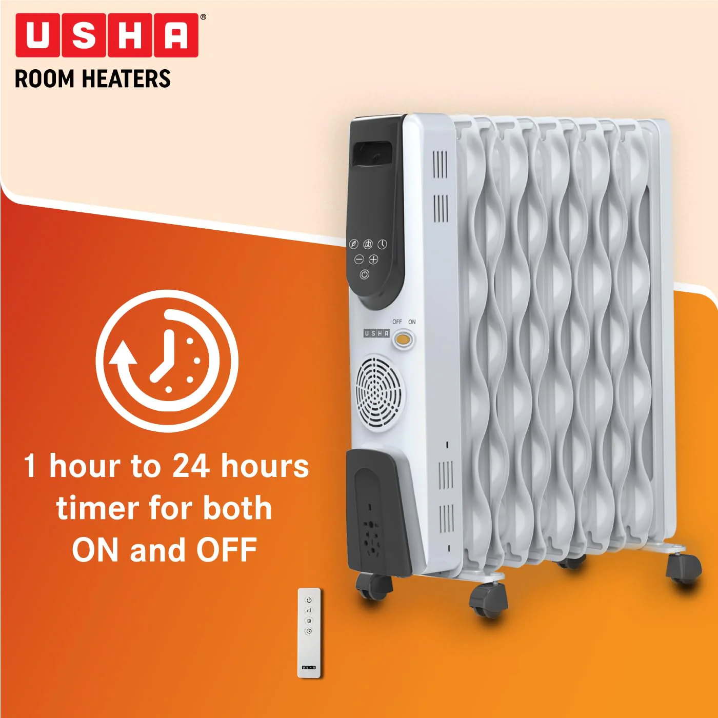 Usha OFR 13 Fin 4313 FSE PTC Room Heater with Fan Heater and Remote Control (White, Oil Filled Radiator) - Image 3
