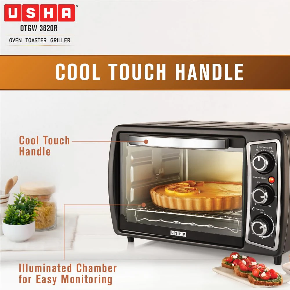 USHA Oven Toaster Griller (OTG) 20 L,Rotisserie,Bake, Grill, Roast, Toast,Upper & Lower Heating,Cool Touch Handle,Customised Time & Temperature Control,Easy To Clean,2 Year Warranty, Black, 1380 Watts - Image 2