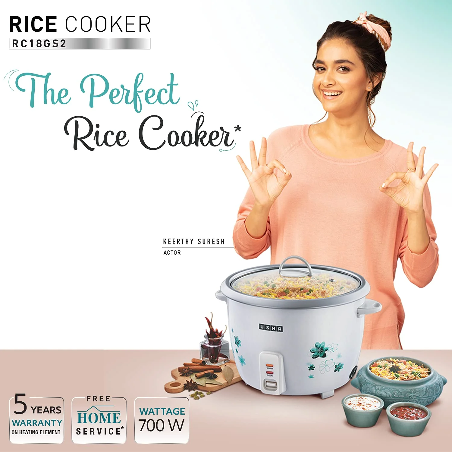 USHA RC18GS2 Steamer 700 Watt Automatic Rice Cooker 1.8 Litres with Powerful Heating Element, Keep Rice Warm for 5 Hrs, 2 Cooking Pans, Steamer, Trivet Plate & more accessories, 5 Yrs Warranty (White) - Image 3