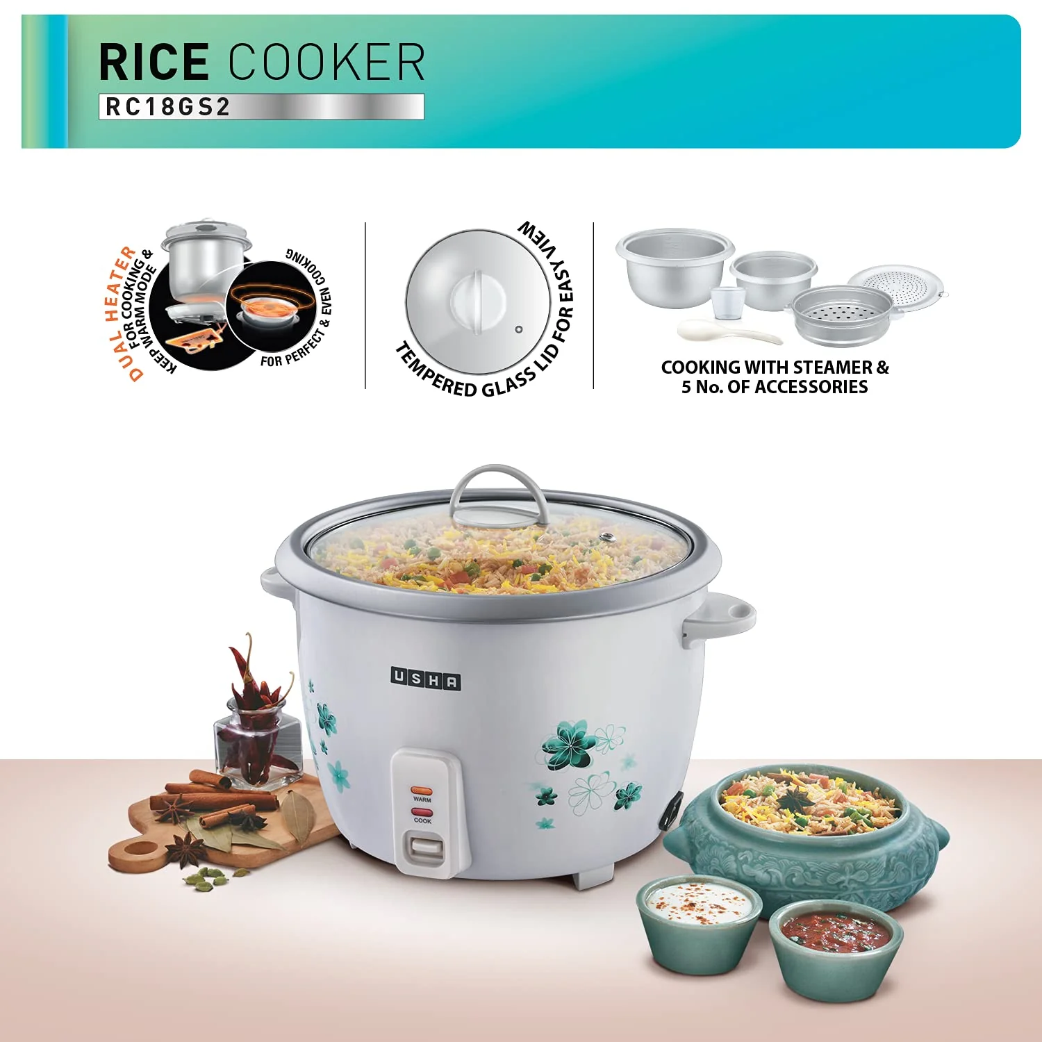 USHA RC18GS2 Steamer 700 Watt Automatic Rice Cooker 1.8 Litres with Powerful Heating Element, Keep Rice Warm for 5 Hrs, 2 Cooking Pans, Steamer, Trivet Plate & more accessories, 5 Yrs Warranty (White) - Image 4