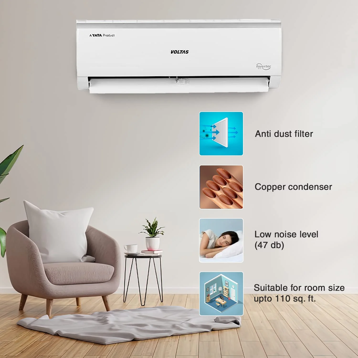 Voltas 0.8 Ton 3 Star, Inverter Split AC(Copper, 4-in-1 Adjustable Mode, Anti-dust Filter, 103V Vectra Elite, White) - Image 4