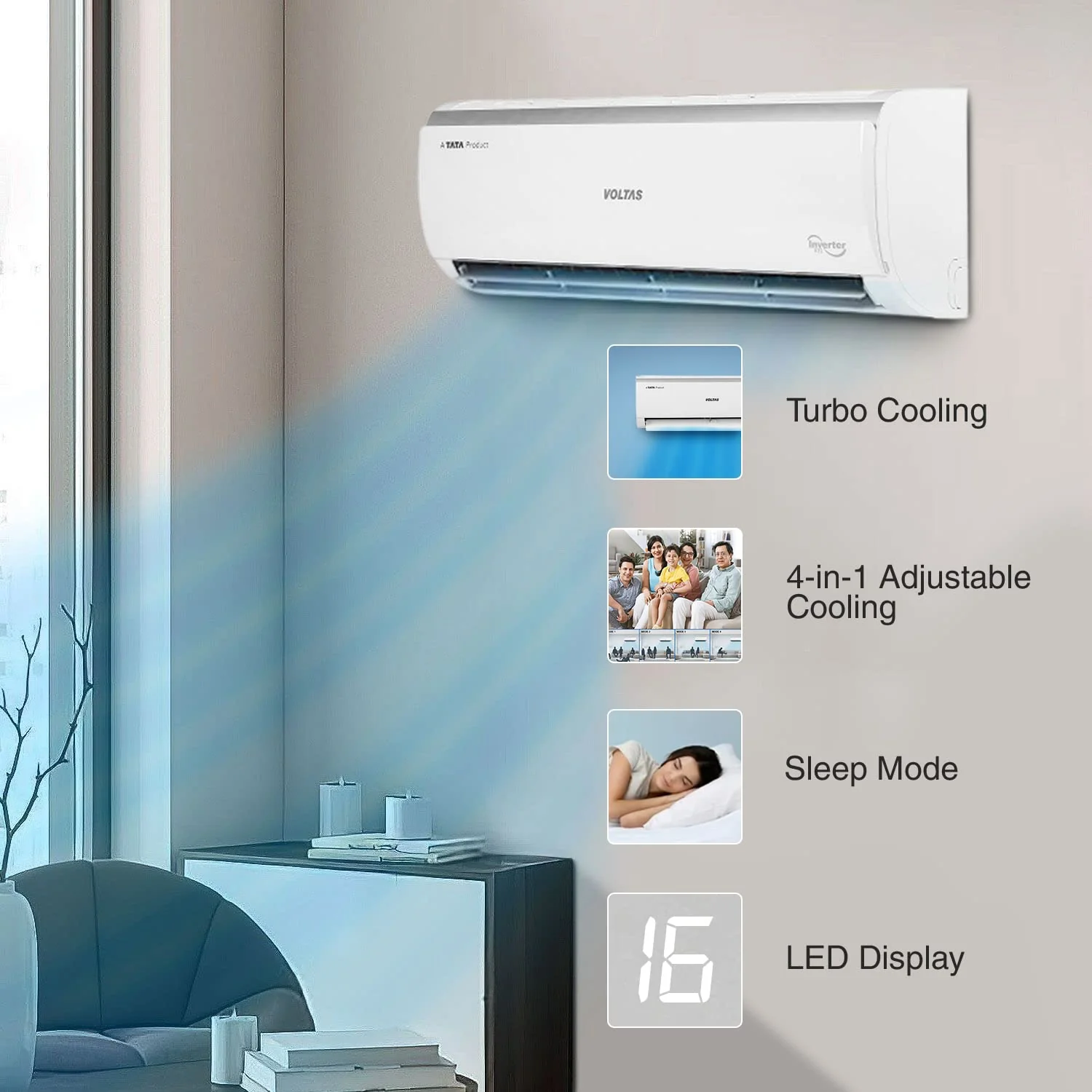 Voltas 0.8 Ton 3 Star, Inverter Split AC(Copper, 4-in-1 Adjustable Mode, Anti-dust Filter, 103V Vectra Elite, White) - Image 7