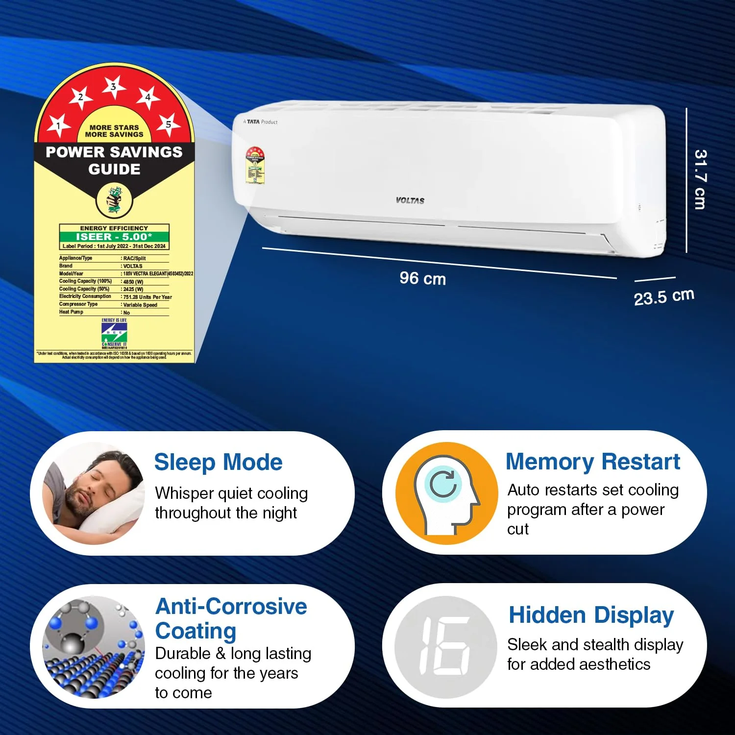 Voltas 1.5 Ton 5 Star, Inverter Split AC(Copper, 4-in-1 Adjustable Mode, Anti-dust Filter, 185V Vectra Elegant,White) - Image 4