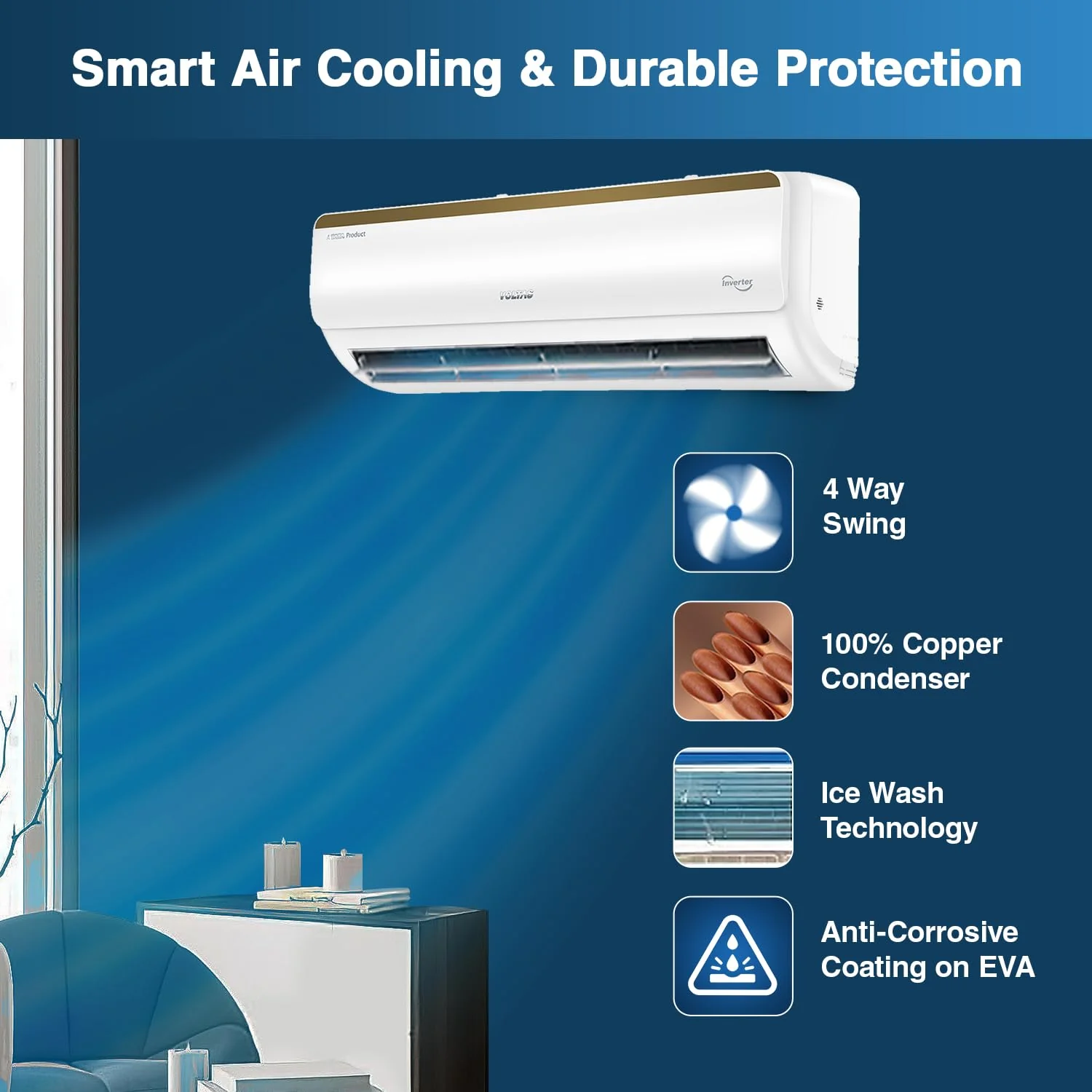 Voltas 1 Ton, 3 Star Inverter Smart Air Split AC (Copper, IoT Enabled, 5-in-1 Adjustable Mode, Anti-Dust Filter, 123V Vertis Smart Elite Gold, White) - Image 5