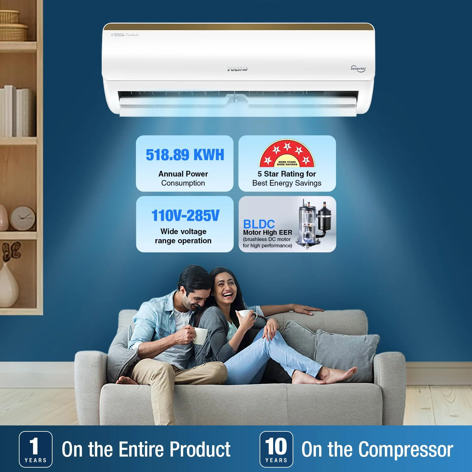 Voltas 1 Ton, 5 Star Inverter Smart Air Split AC (Copper, IoT Enabled, 5-in-1 Adjustable Mode, Anti-Dust Filter, 125V Vertis Smart Elite Gold, White) - Image 3