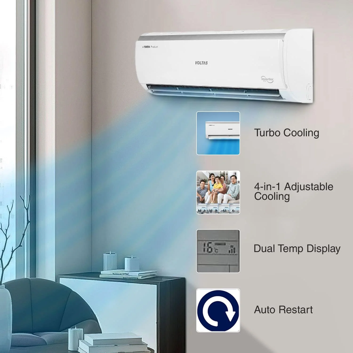 Voltas 2 Ton 3 Star, Inverter Split AC(Copper, 4-in-1 Adjustable Mode, Anti-dust Filter, 243V Vectra Elite, White) - Image 6