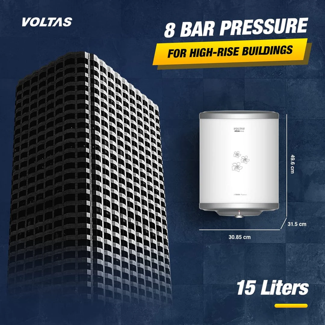 Voltas Aqua Prime 15L Water Heater 2000W, Warranty of 7 years on Tank, 3 Years on Heating Element, 2 Years on Product by Voltas|Free Installation| Free Connecting Pipe|Copper Element|8 Bar (White) - Image 2