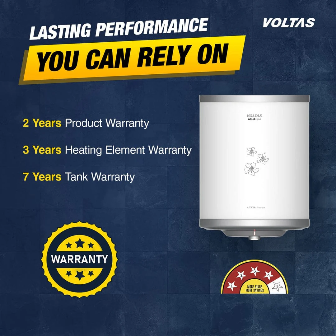 Voltas Aqua Prime 25L Water Heater 2000W, Warranty of 7 years on Tank, 3 Years on Heating Element, 2 Years on Product by Voltas|Free Installation| Free Connecting Pipe|Copper Element|8 Bar (White) - Image 3