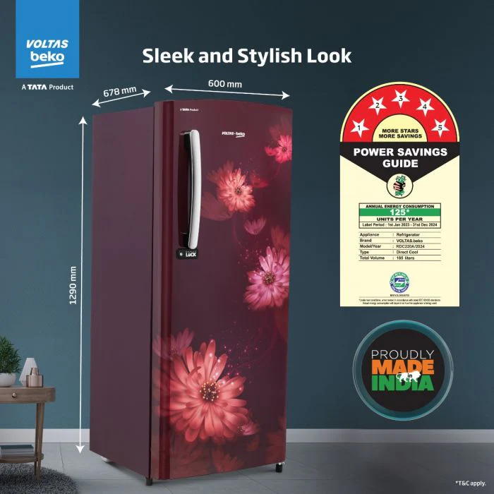 Voltas Beko 185 L, 5 Star, Direct Cool Single Door Refrigerator with Harvest Fresh Technology (RDC220A / W0DWETMH000GD, Dahlia Wine) - Image 2