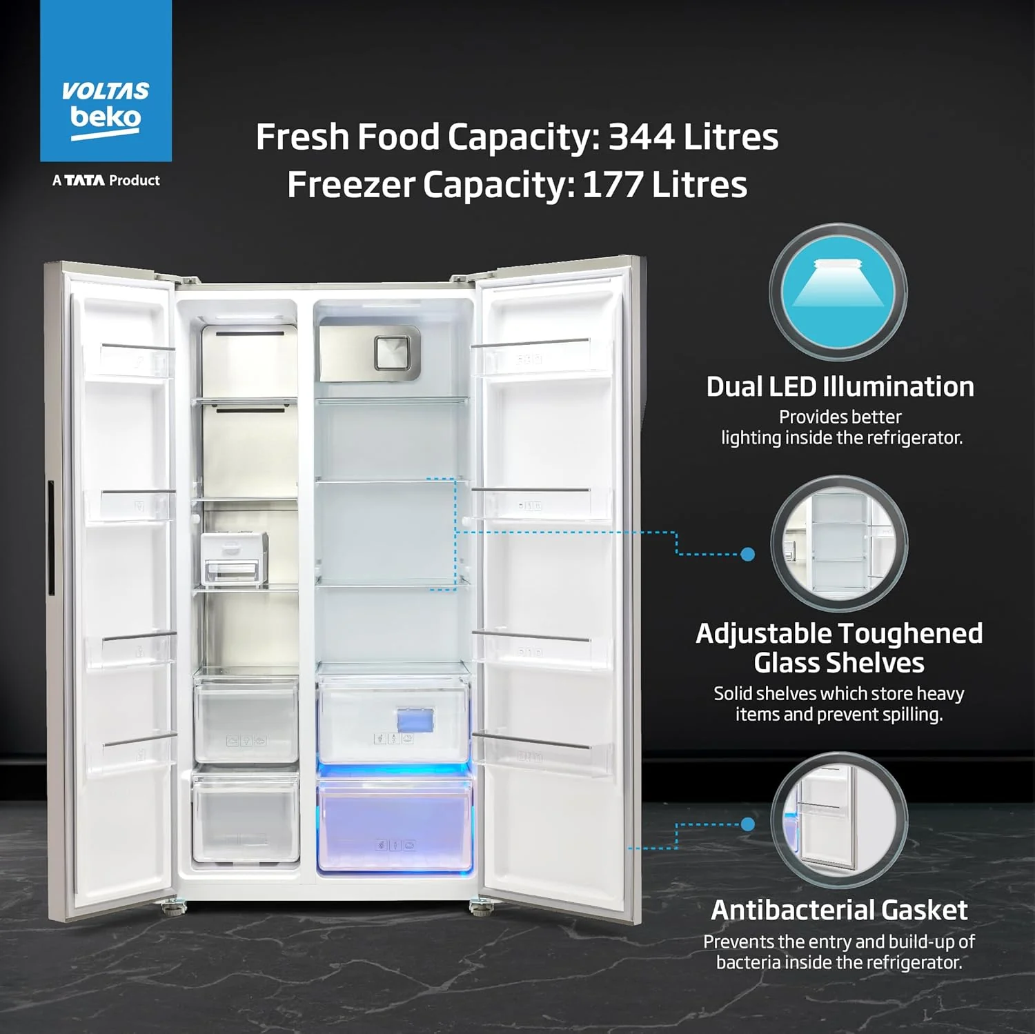 Voltas Beko 563 L Side-by-Side Refrigerator with ProSmart Inverter Compressor and Active Fresh Blue Light (RSB585/FPV300RXID, INOX Steel) - Image 5
