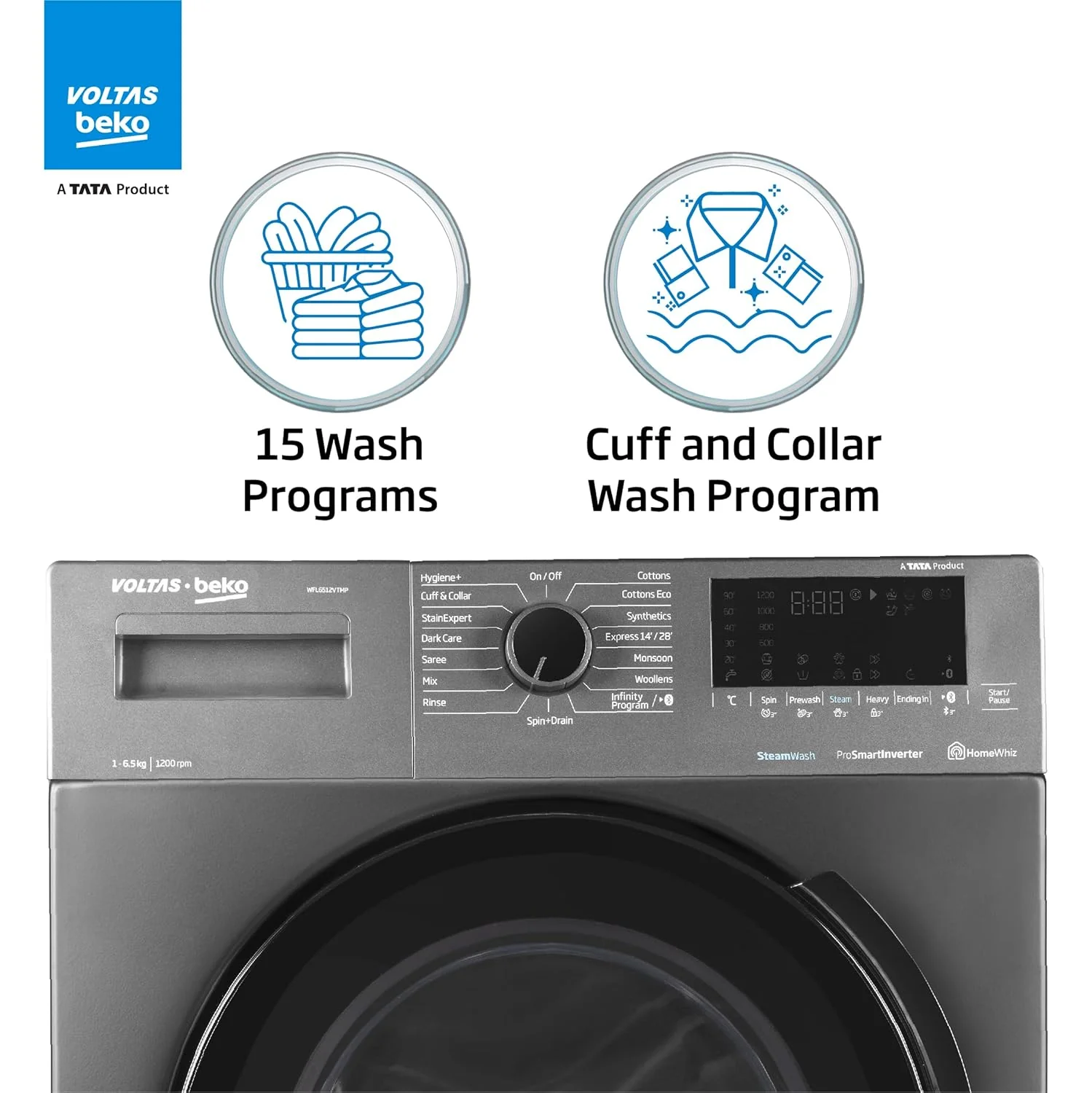 Voltas Beko 6.5kg 5 Star Front Load Washing Machine (WFL6512VTMP, Anthracite), Steam Wash,Stain Expert - Image 6