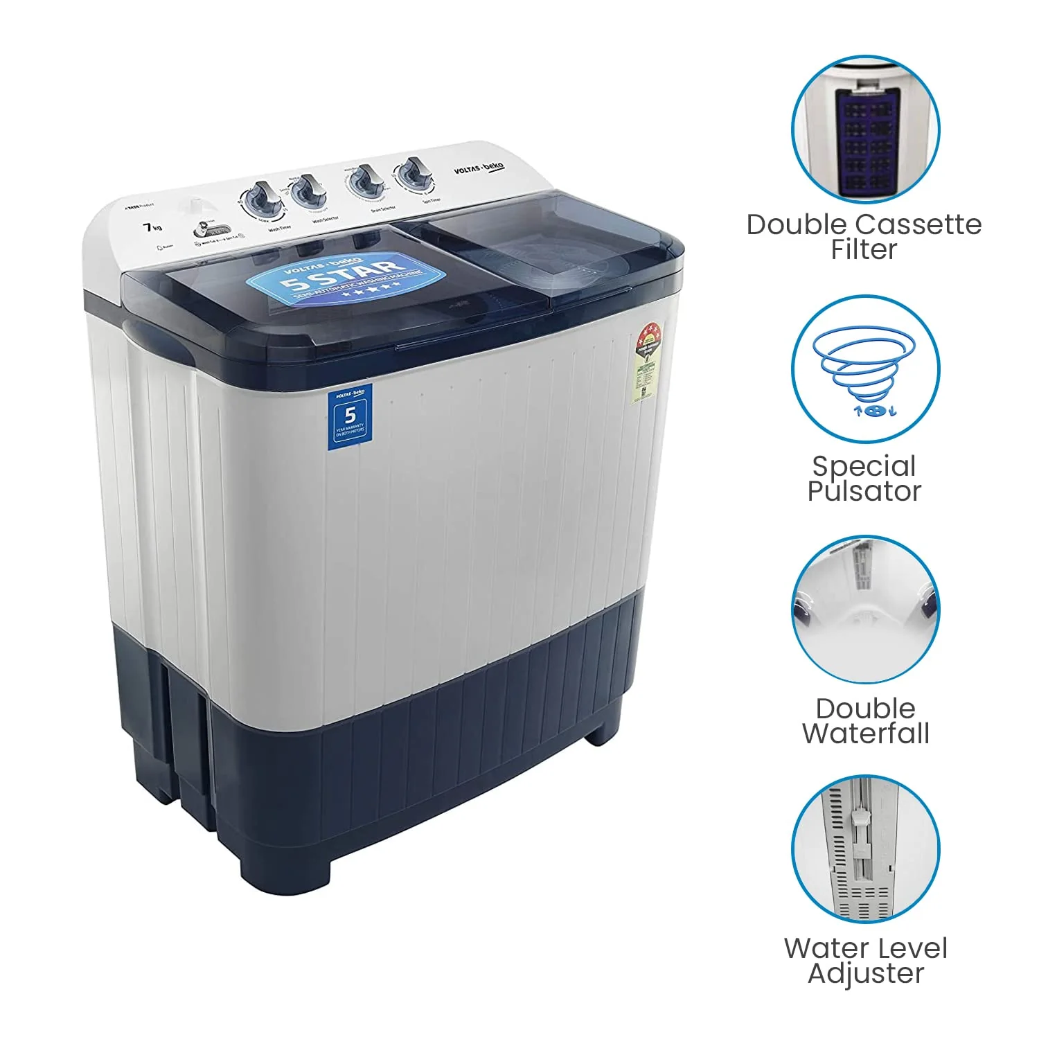 Voltas Beko 7 kg Semi-Automatic Top Loading Washing Machine Appliance, Double Waterfall (WTT70DBLT, Sky Blue) - Image 10