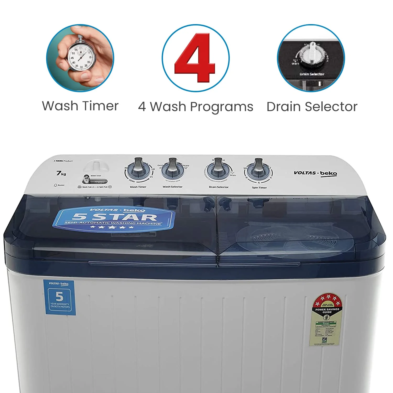 Voltas Beko 7 kg Semi-Automatic Top Loading Washing Machine Appliance, Double Waterfall (WTT70DBLT, Sky Blue) - Image 6