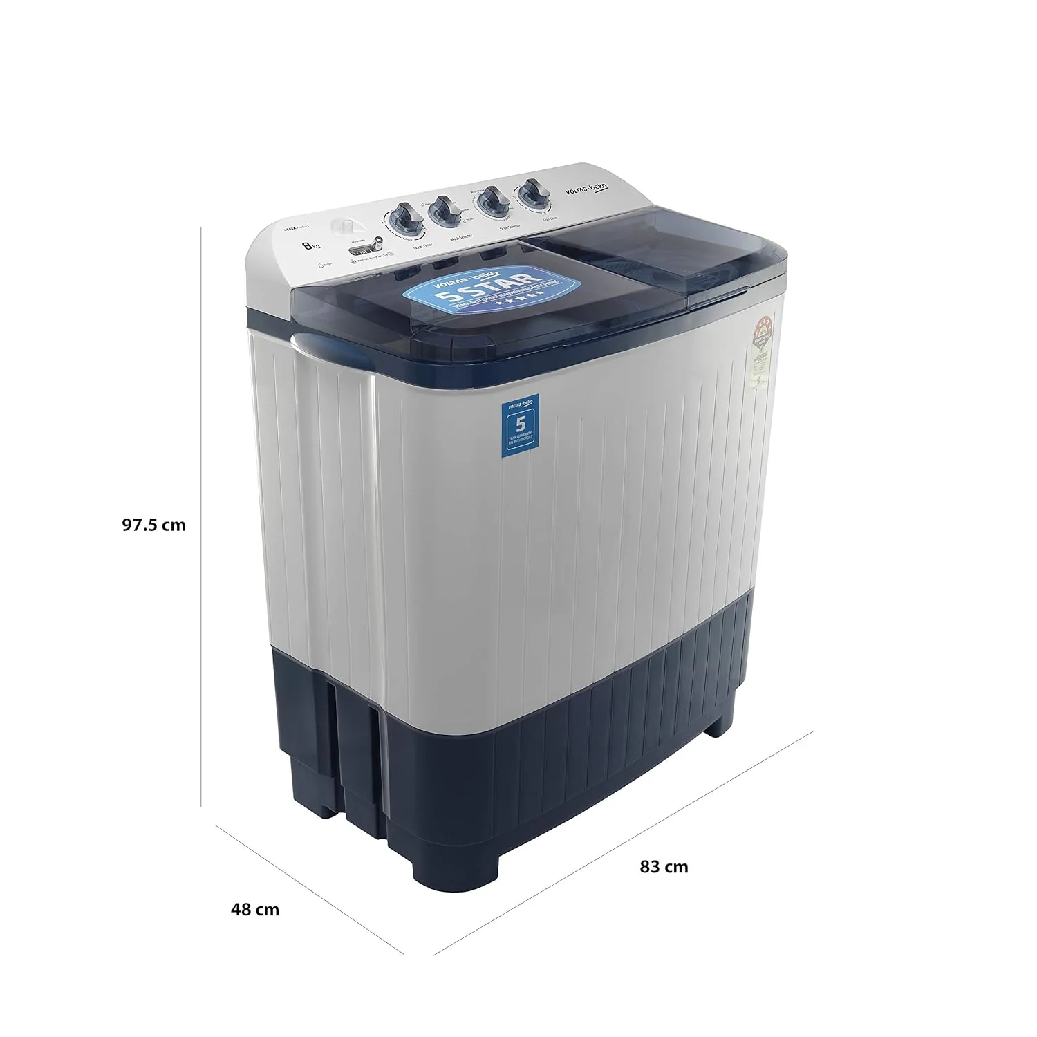 Voltas Beko 8 kg Semi-Automatic Top Loading Washing Machine, 2 Casette Filter (WTT80DBLT, Sky Blue) - Image 10