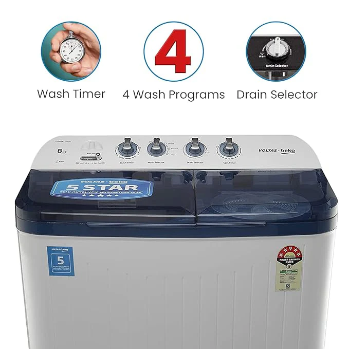 Voltas Beko 8 kg Semi-Automatic Top Loading Washing Machine, 2 Casette Filter (WTT80DBLT, Sky Blue) - Image 12