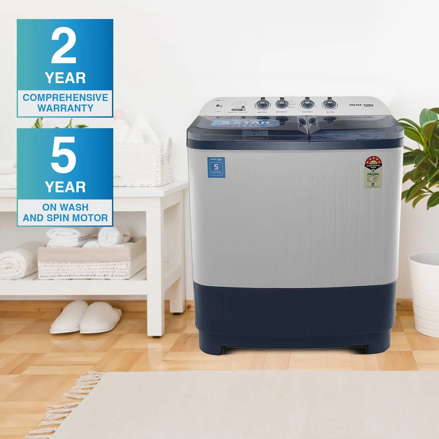 Voltas Beko 8 kg Semi-Automatic Top Loading Washing Machine, 2 Casette Filter (WTT80DBLT, Sky Blue) - Image 2