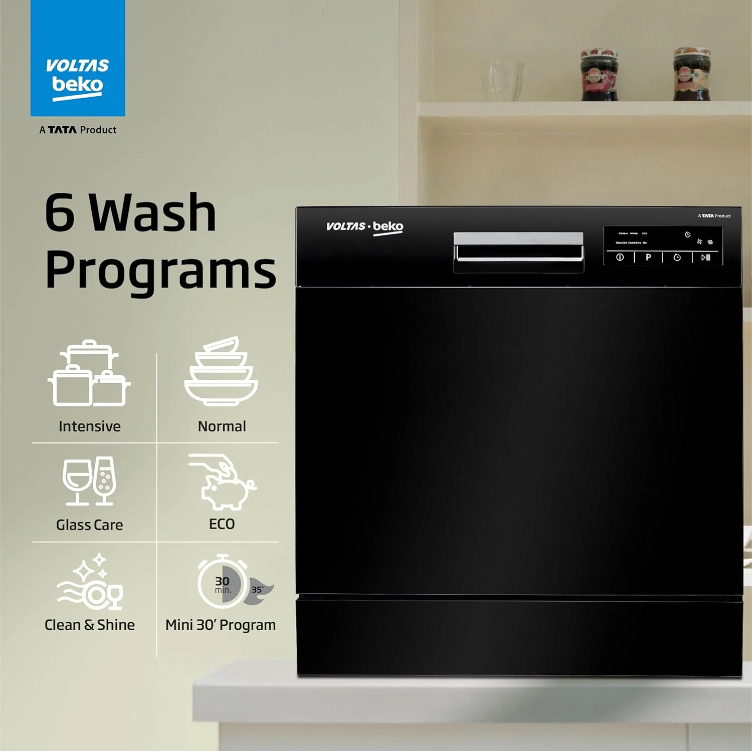 Voltas beko 8 Place Settings Table Top Dishwasher (DT8B, Black, Inbuilt Heater) - Image 8