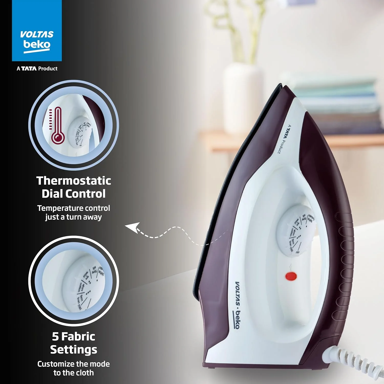 Voltas Beko, A Tata Product 1000 W Dry Iron (I1000VD-BGWH, Burgundy-White, with Crease-busting Greblon Soleplate) - Image 3