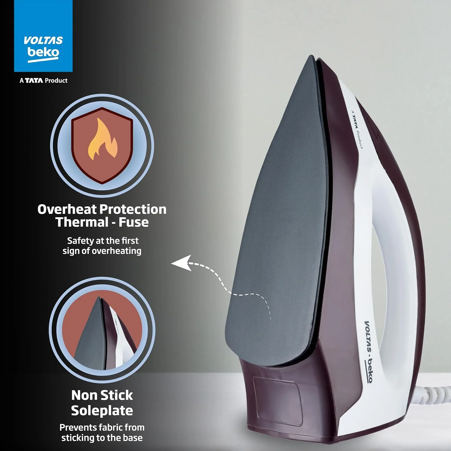 Voltas Beko, A Tata Product 1000 W Dry Iron (I1000VD-BGWH, Burgundy-White, with Crease-busting Greblon Soleplate) - Image 4