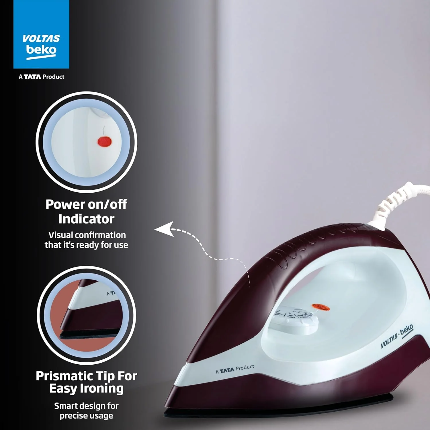 Voltas Beko, A Tata Product 1000 W Dry Iron (I1000VD-BGWH, Burgundy-White, with Crease-busting Greblon Soleplate) - Image 5