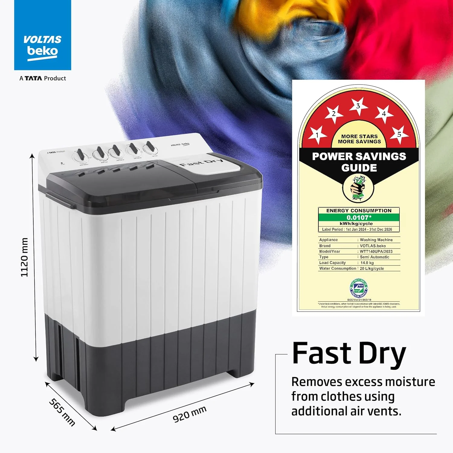 Voltas Beko, A Tata Product 14 Kg 5 Star Semi-Automatic Top Load Washing Machine (WTT140UPA/GR5KPTD, Grey, Special pulsator and Double waterfall Technology) - Image 3
