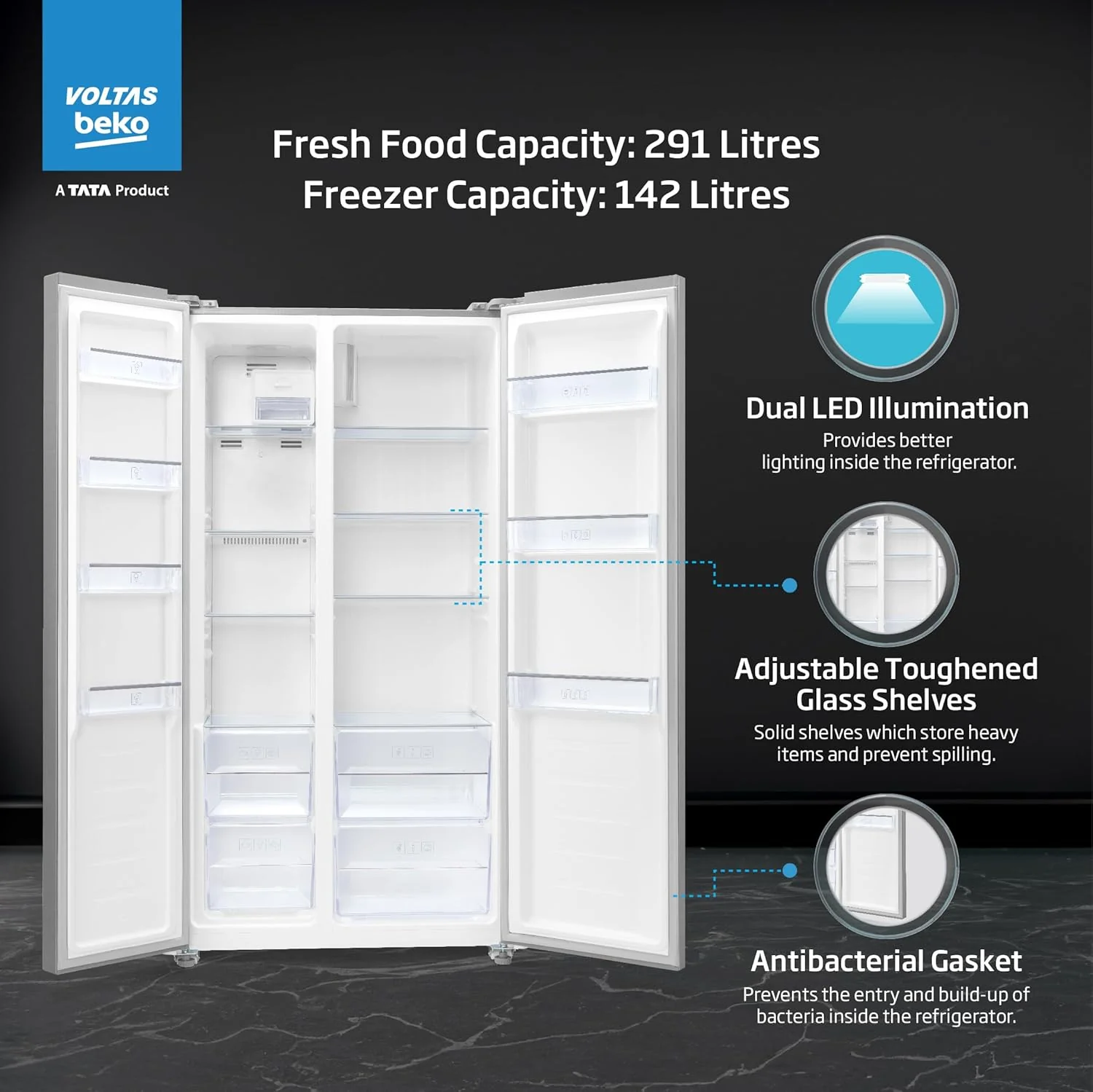 Voltas Beko, A Tata Product 472 L Side by Side Frost Free Refrigerator with ProSmart Inverter Compressor (RSB495/FPV300RXID, INOX steel, Electronic Temperature Control and Display) - Image 5