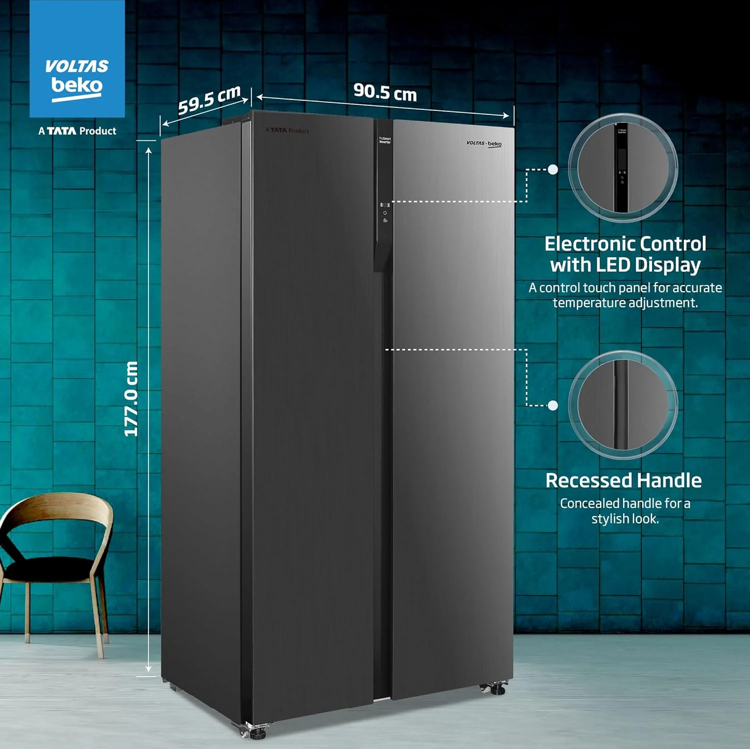 Voltas Beko, A Tata Product 472 L Side by Side Frost Free Refrigerator with ProSmart Inverter Compressor (RSB495/FPV300RXID, INOX steel, Electronic Temperature Control and Display) - Image 6