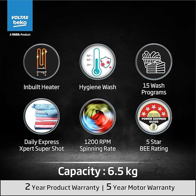 Voltas Beko, A Tata Product 6.5 Kg 5 Star Fully Automatic Front Loading Washing Machine, WFL6512B7CUSKA/WXV, White, In-Built Heater) - Image 3