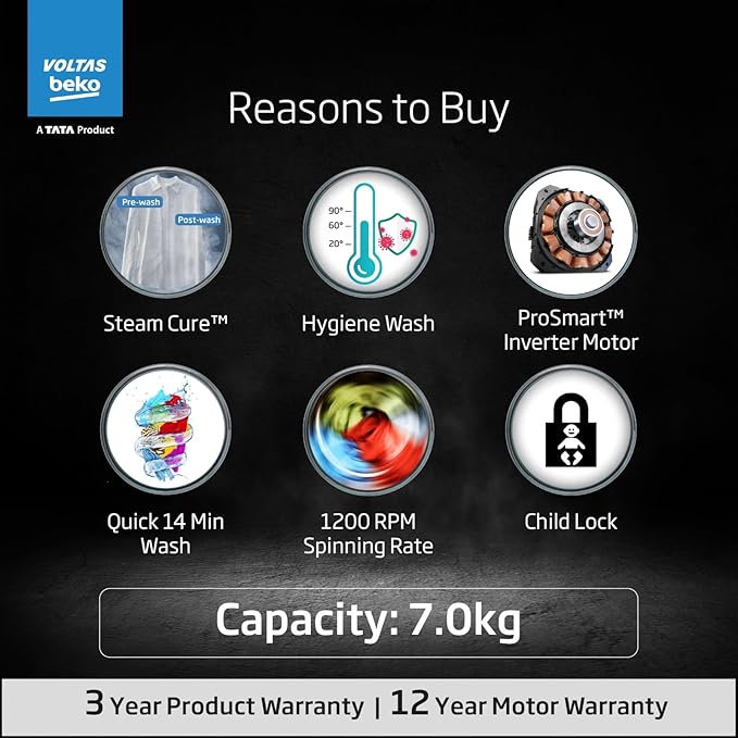Voltas Beko, A Tata Product 7 Kg 5 Star Inverter Quick wash Fully-Automatic Front Loading Washing Machine (WFL7012B7JVBKA/AXV, Anthracite, In buit Heater/Hygiene steam) - Image 14
