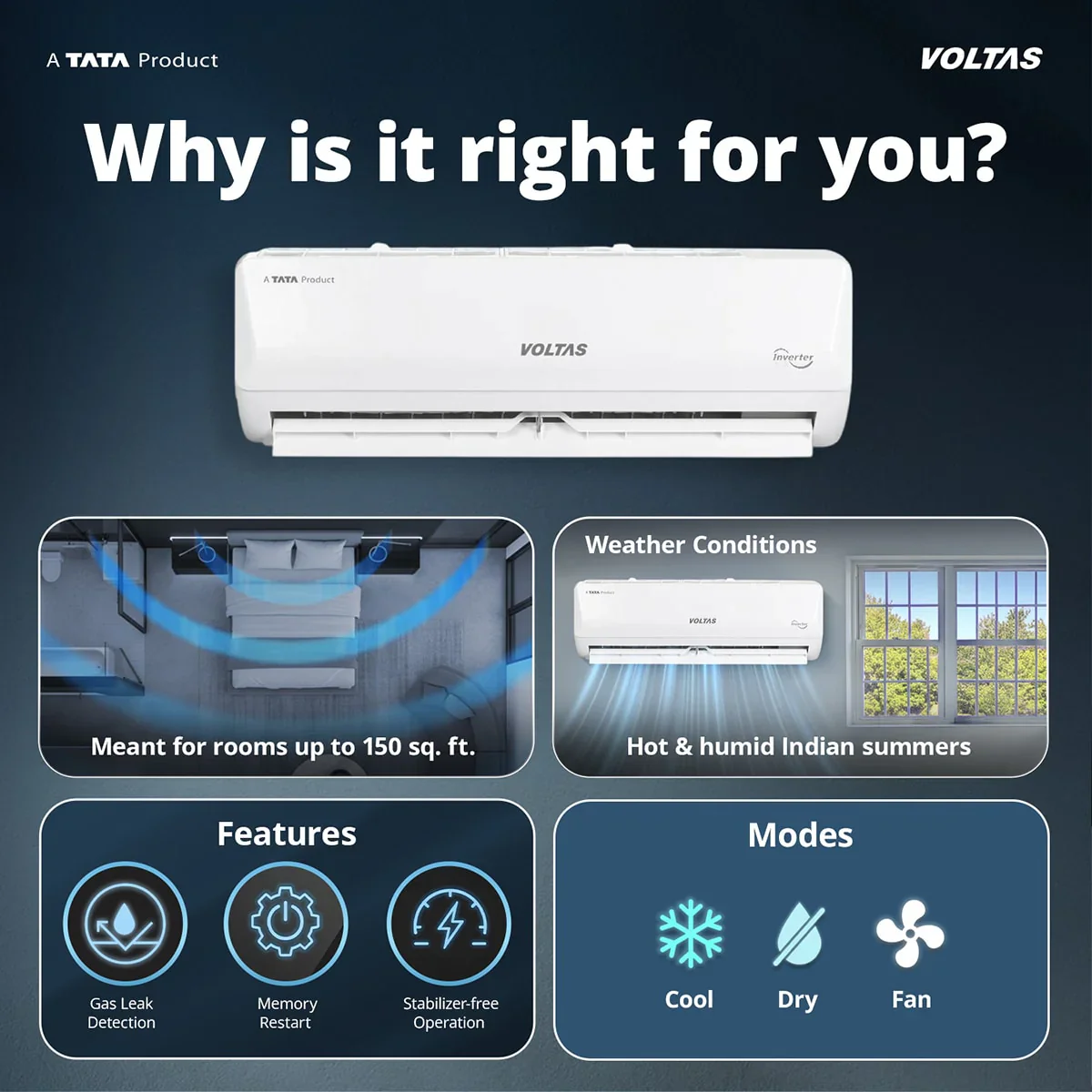 Voltas Fixed Speed Split Split Air Conditioner, 1 Ton, 2 Star - 122FS Emerald - Image 16