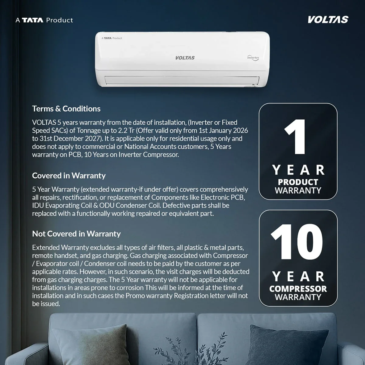 Voltas Fixed Speed Split Split Air Conditioner, 1 Ton, 2 Star - 122FS Emerald - Image 7
