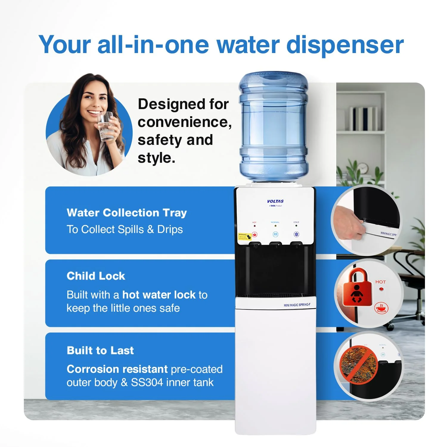 Voltas Floor Mounted Water Dispenser Minimagic with Cooling Cabinet (Spring FV +, 3 Modes, White), 3L - Image 7