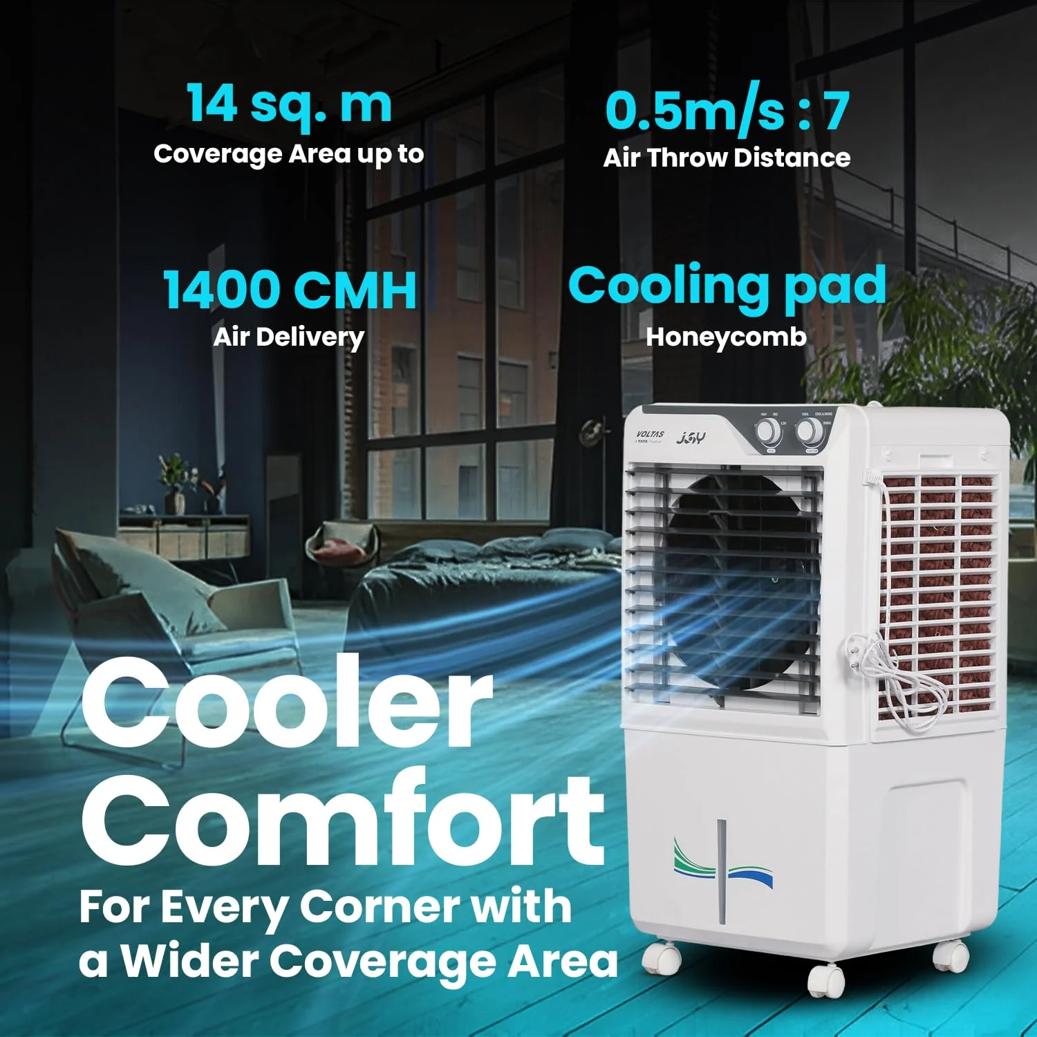 Voltas Joy 26, Room Air Cooler for Home, Honey Comb Cooling Pads with 3 Speed Control Functions, 26 Litres, White - Image 7