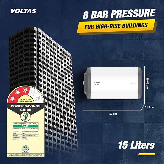 Voltas Linea 15L Horizontal Mounting Water Heater 2000W, Warranty of 7 years on Tank, 3 Years on Heating Element, 2 Years on Product by Voltas|Free Installation| Free Connecting Pipe|8 Bar (Grey) - Image 6