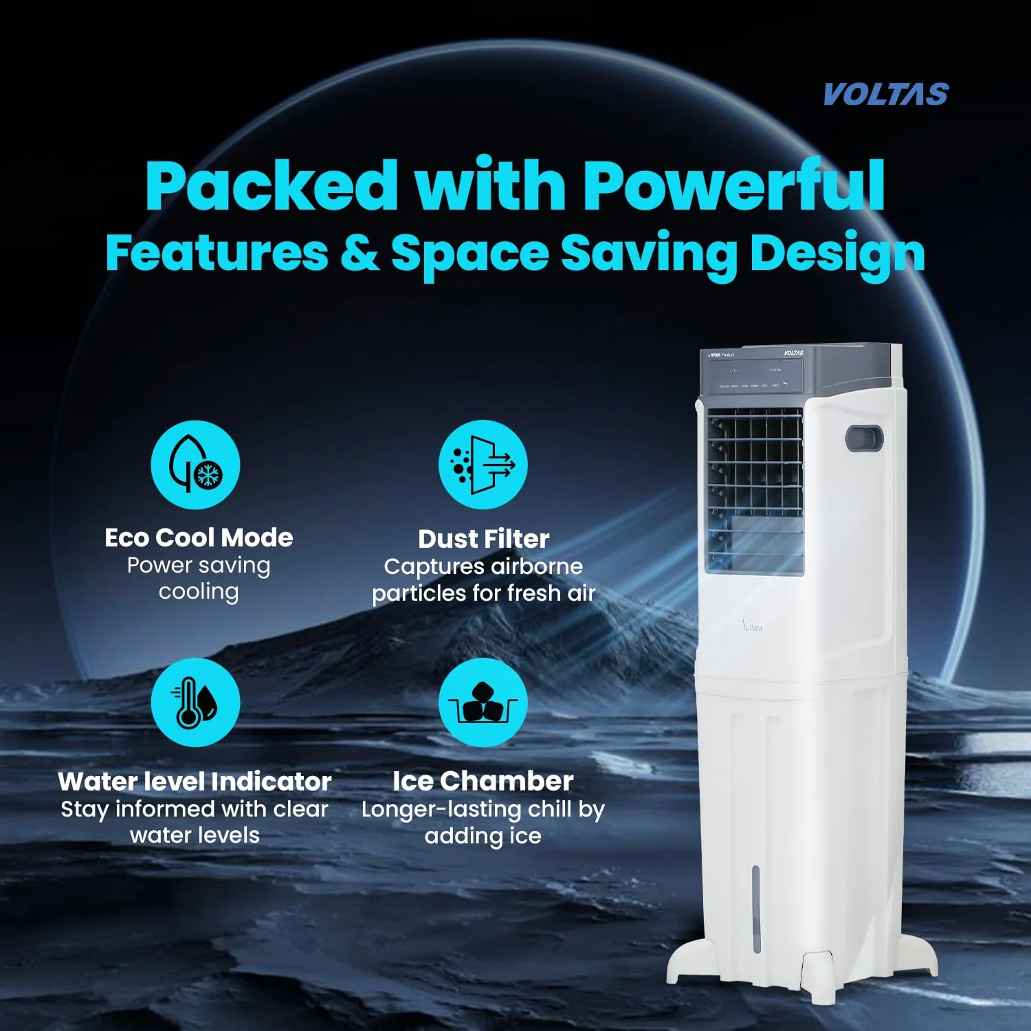 Voltas Slimm 35T Tower Air Cooler for Home, Honey Comb Cooling Pads with 3 Speed Control Functions, 35 Litres, White - Image 3